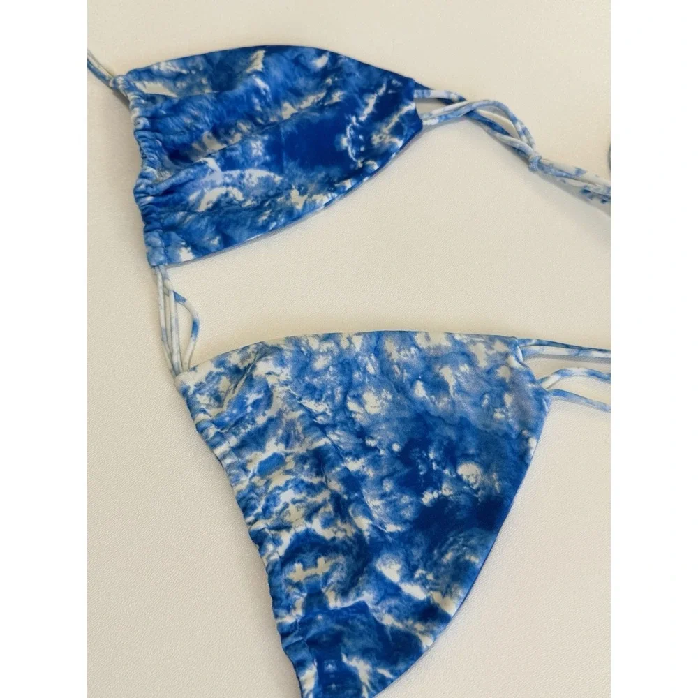 Mikoh Blue White Wave Tie Dye Triangle Bikini Top Strappy Halter Swim Sz L Soft